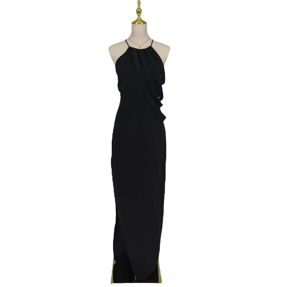 Halston Heritage Black Crepe Zip Halter Gown Dress Sz 8 Slit Strappy Formal NWT - Picture 2 of 16